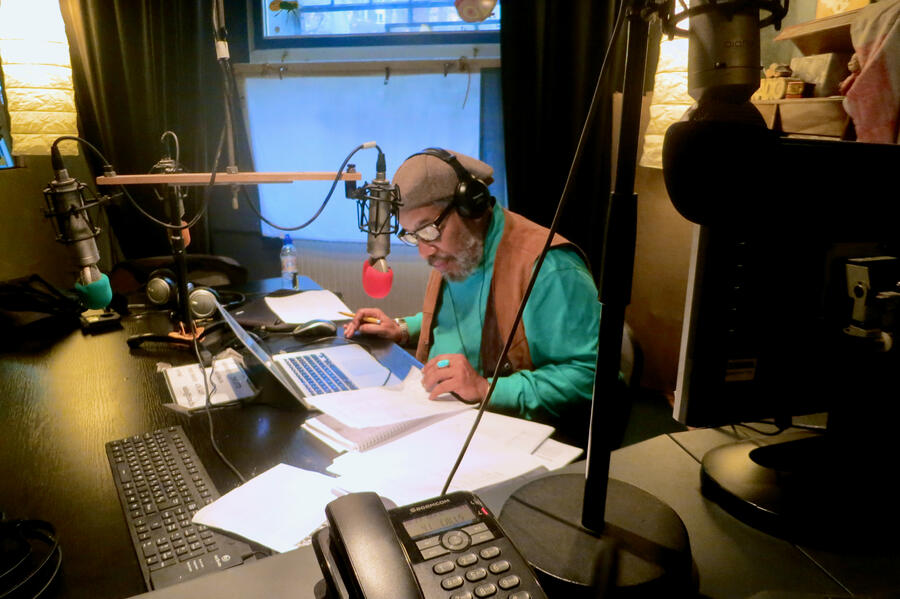 Michael at work as the DJ Professor